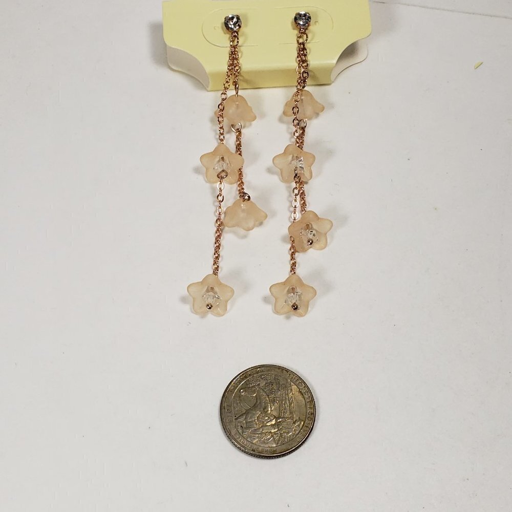 Rose Gold tone & Cream color Flower Crystal 3.5" Drop Dangle Earrings for Women - Picture 6 of 8